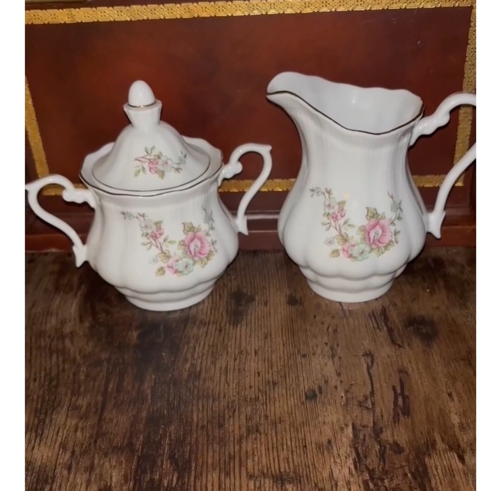 Vintage Floral Fine Porcelain Sugar & Creamer Set Made in Poland with Gold Trim